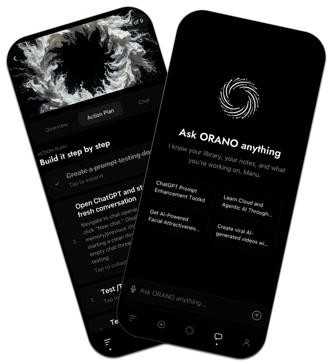 ORANO app showing an action plan and the Ask ORANO chat screen